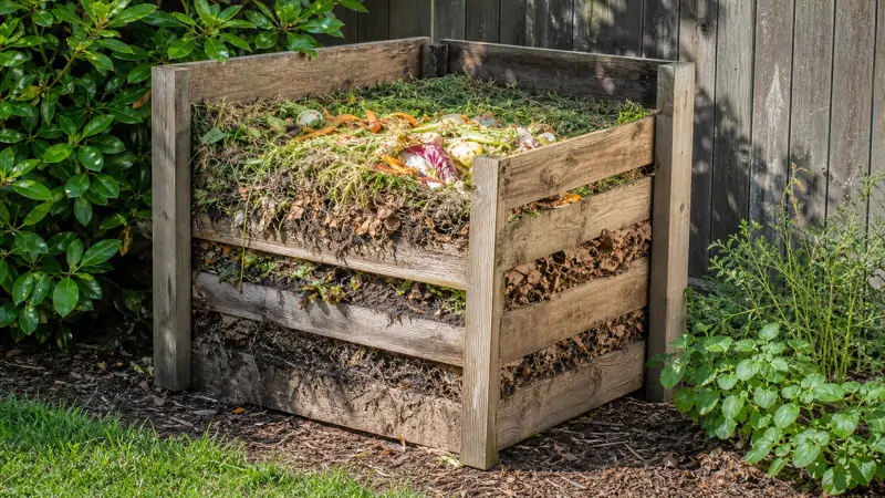 A backyard compost bin filled with layered kitchen scraps and yard waste ready for decomposition