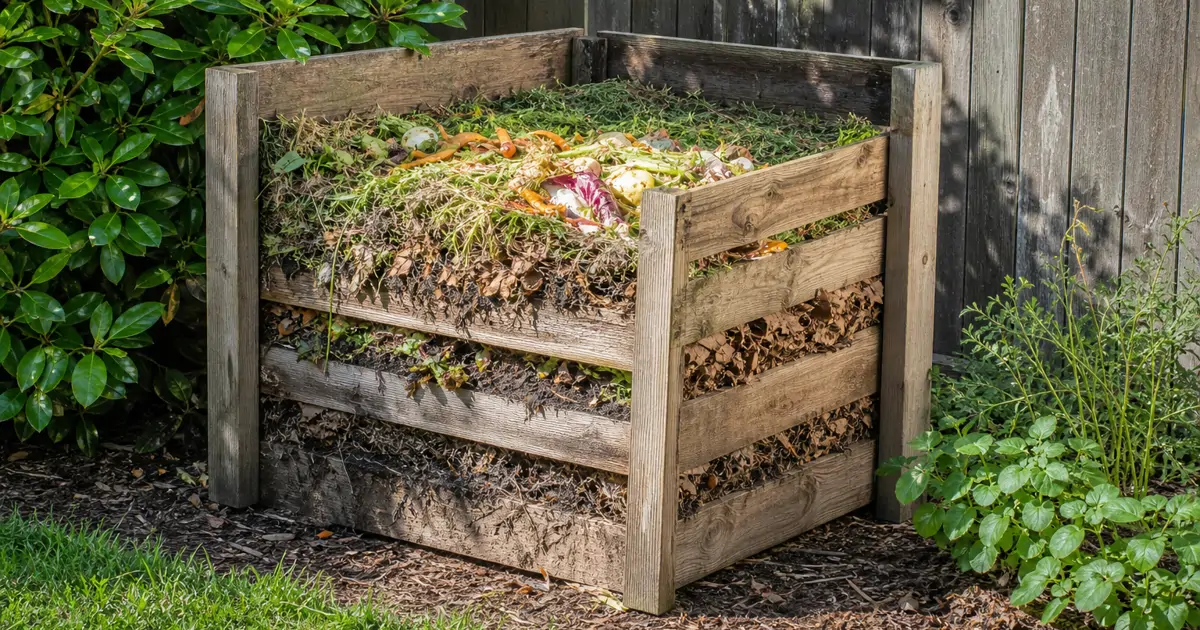 A backyard compost bin filled with layered kitchen scraps and yard waste ready for decomposition