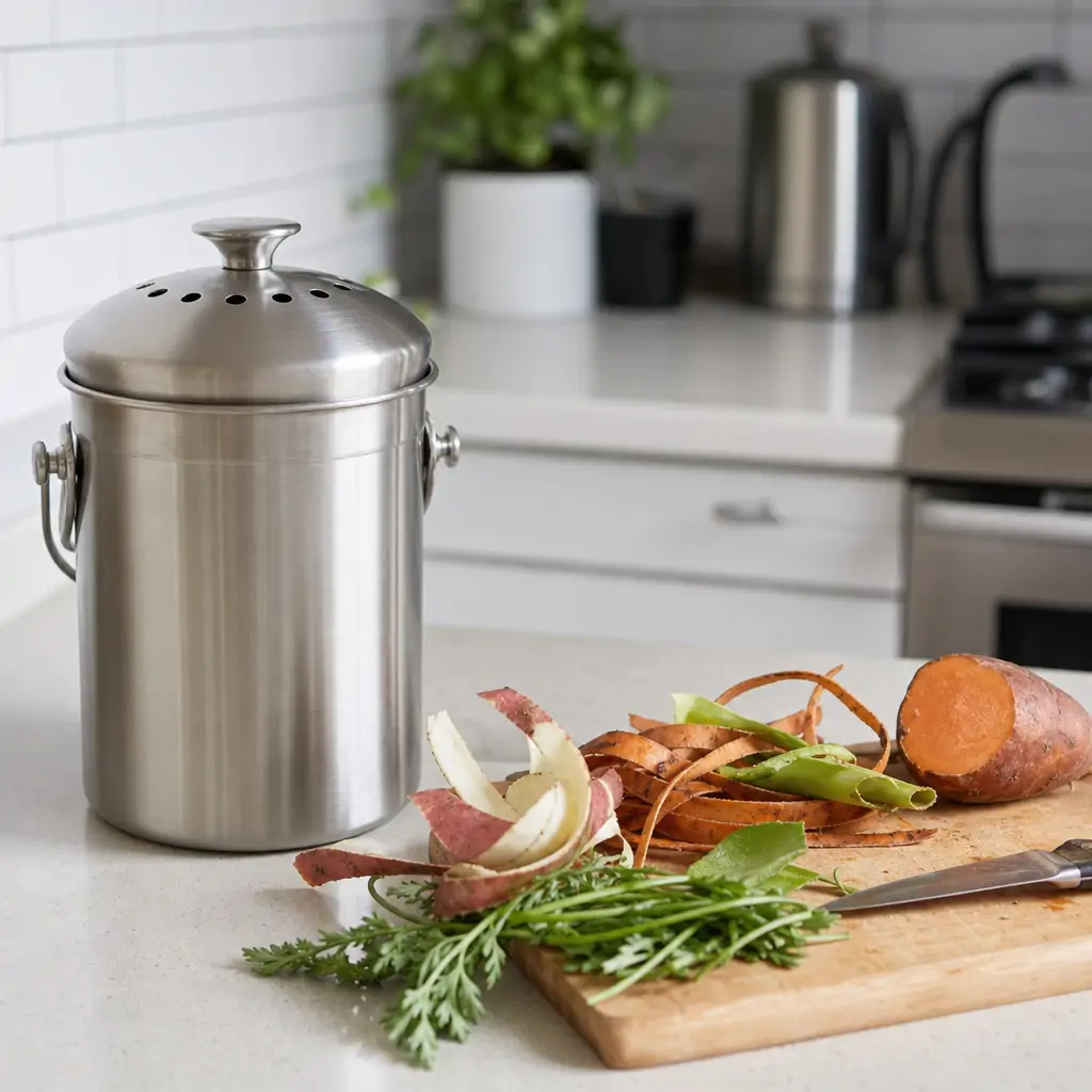 Small countertop compost container next to vegetable peelings on a kitchen counter