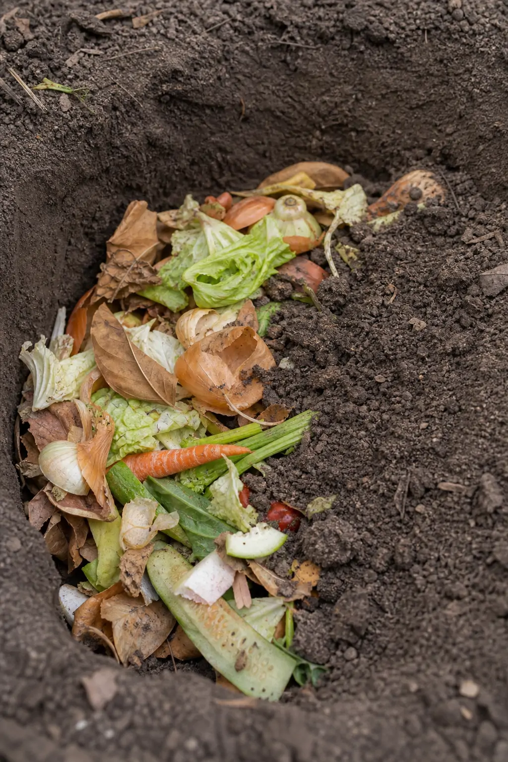 Close-up of a shallow dug pit filled with layered organic scraps and soil in a garden