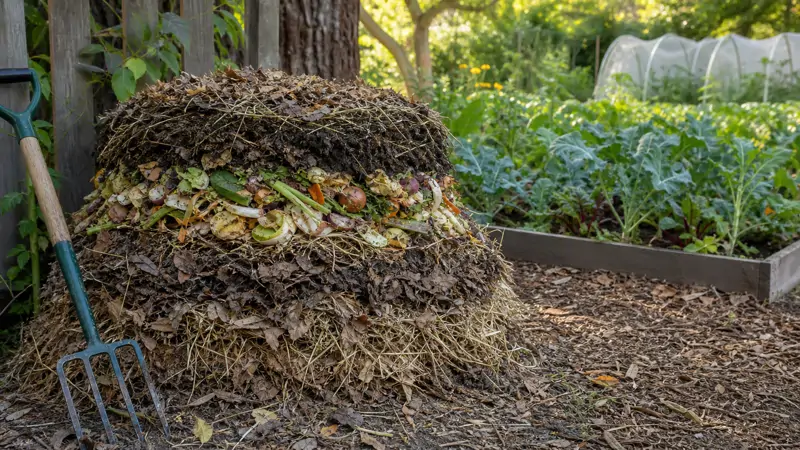 Gardener turning a backyard compost pile with a pitchfork surrounded by kitchen scraps and dried leaves
