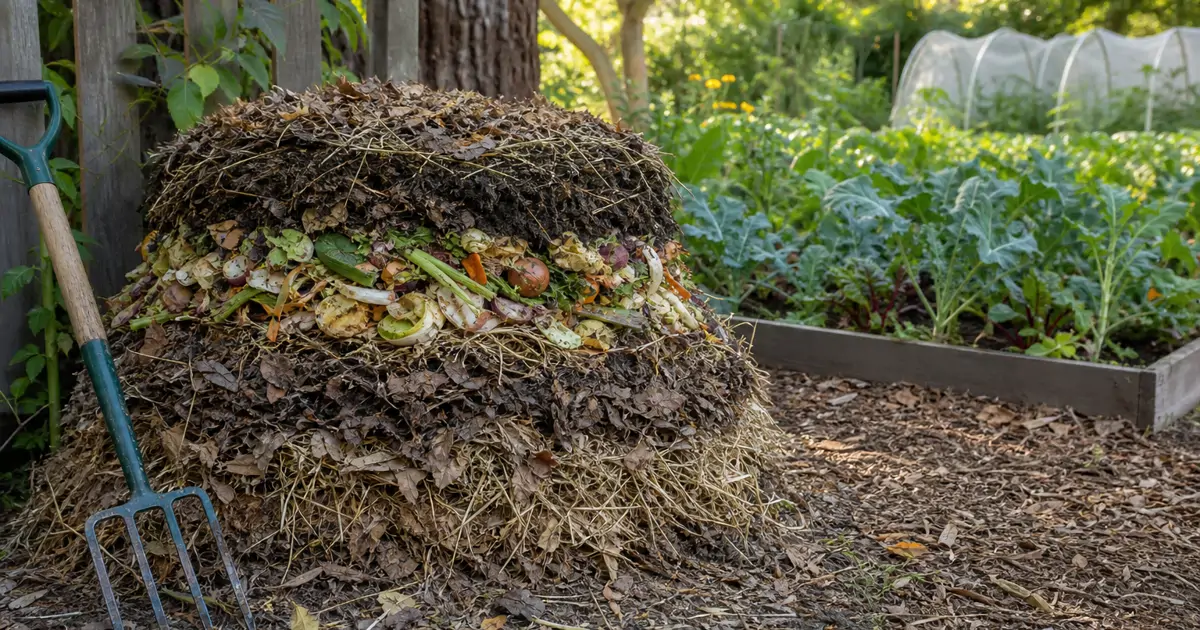 Gardener turning a backyard compost pile with a pitchfork surrounded by kitchen scraps and dried leaves