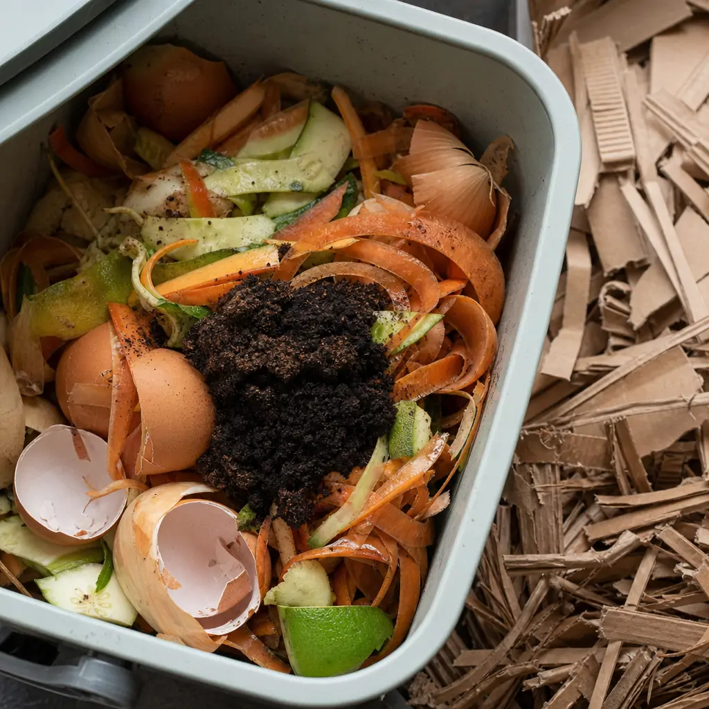 Kitchen scraps like eggshells, coffee grounds, and vegetable peels ready to be added to a compost pile
