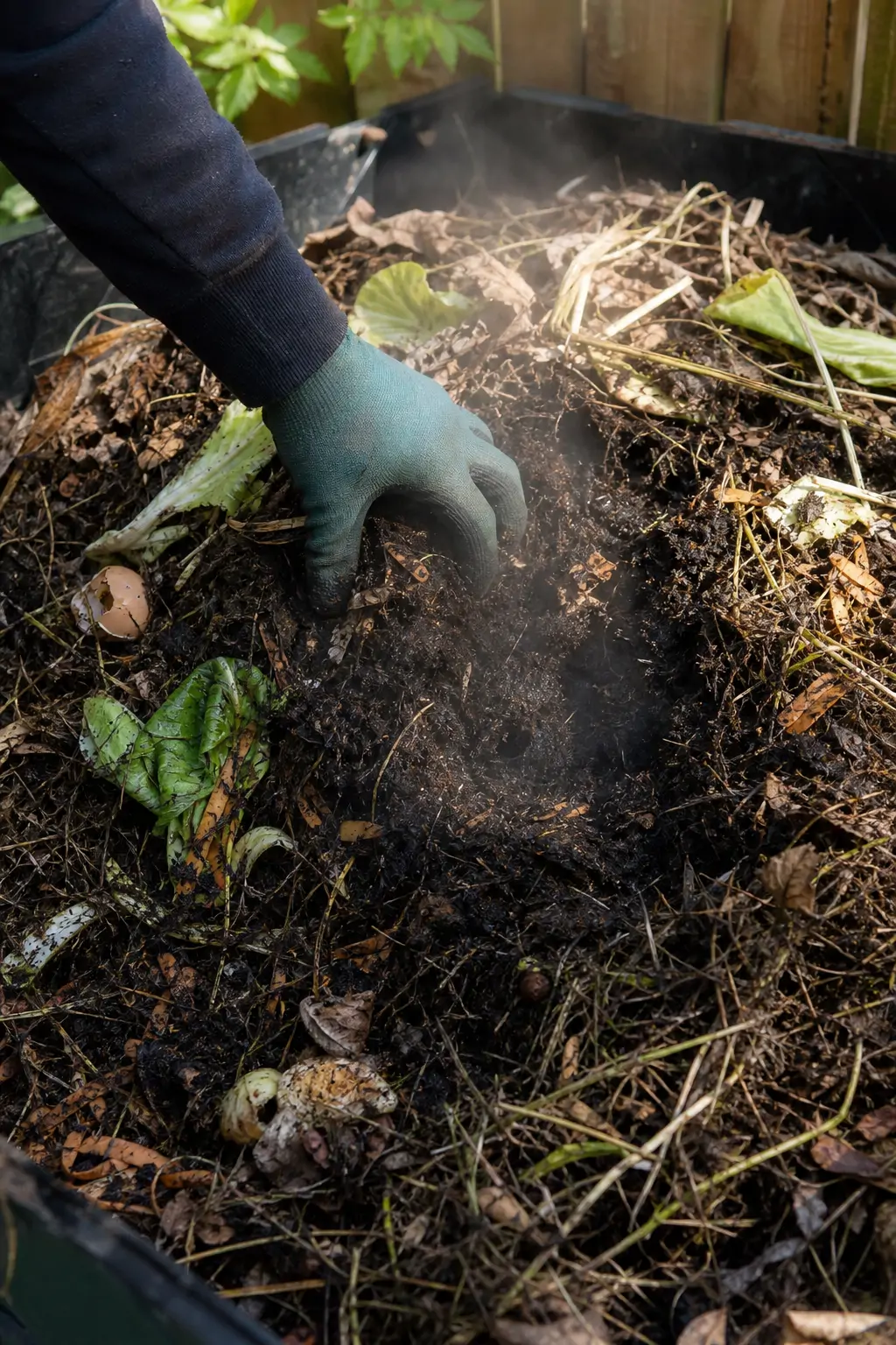 A gardener checking the moisture level of compost at the center of a backyard pile