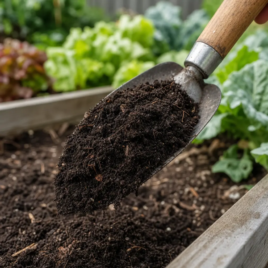 Dark crumbly finished compost being scooped into a garden bed before planting