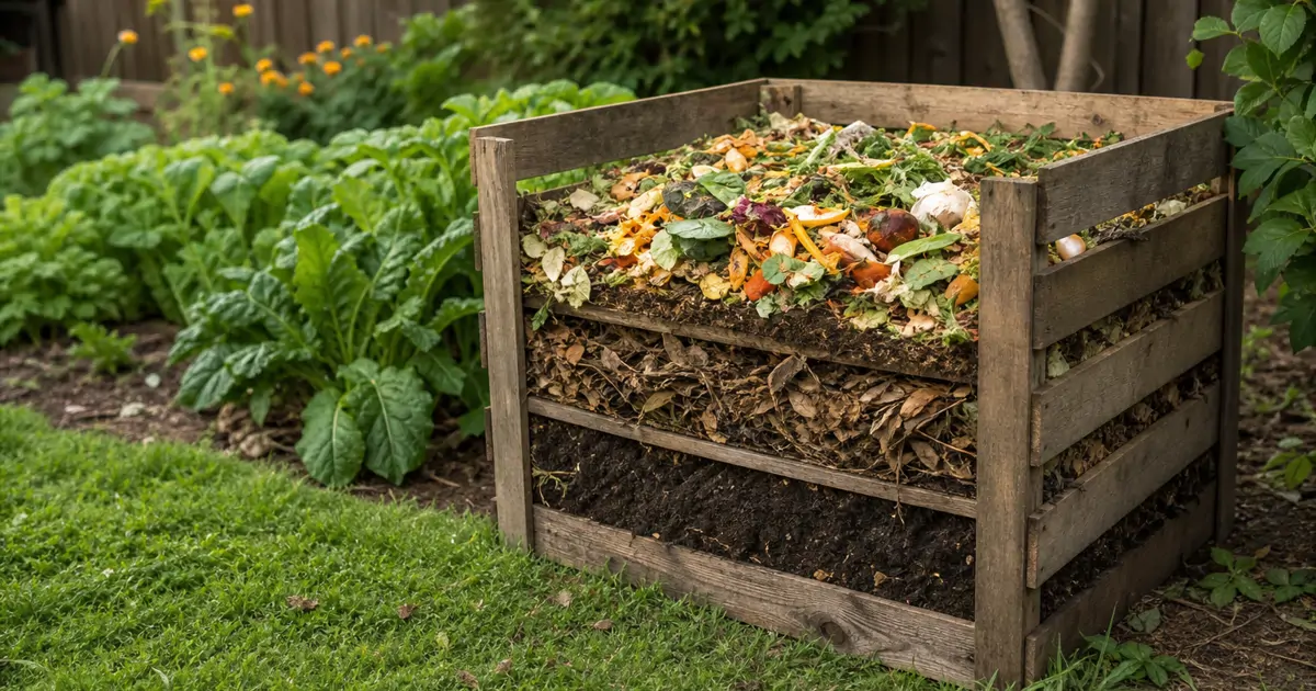 A backyard compost bin filled with layered kitchen scraps and dried leaves ready for decomposition.
