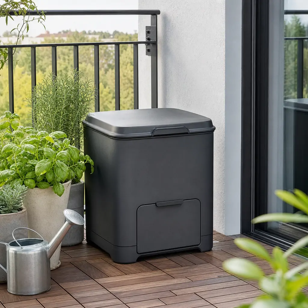 Small enclosed compost bin sitting on an apartment balcony next to potted herb plants.