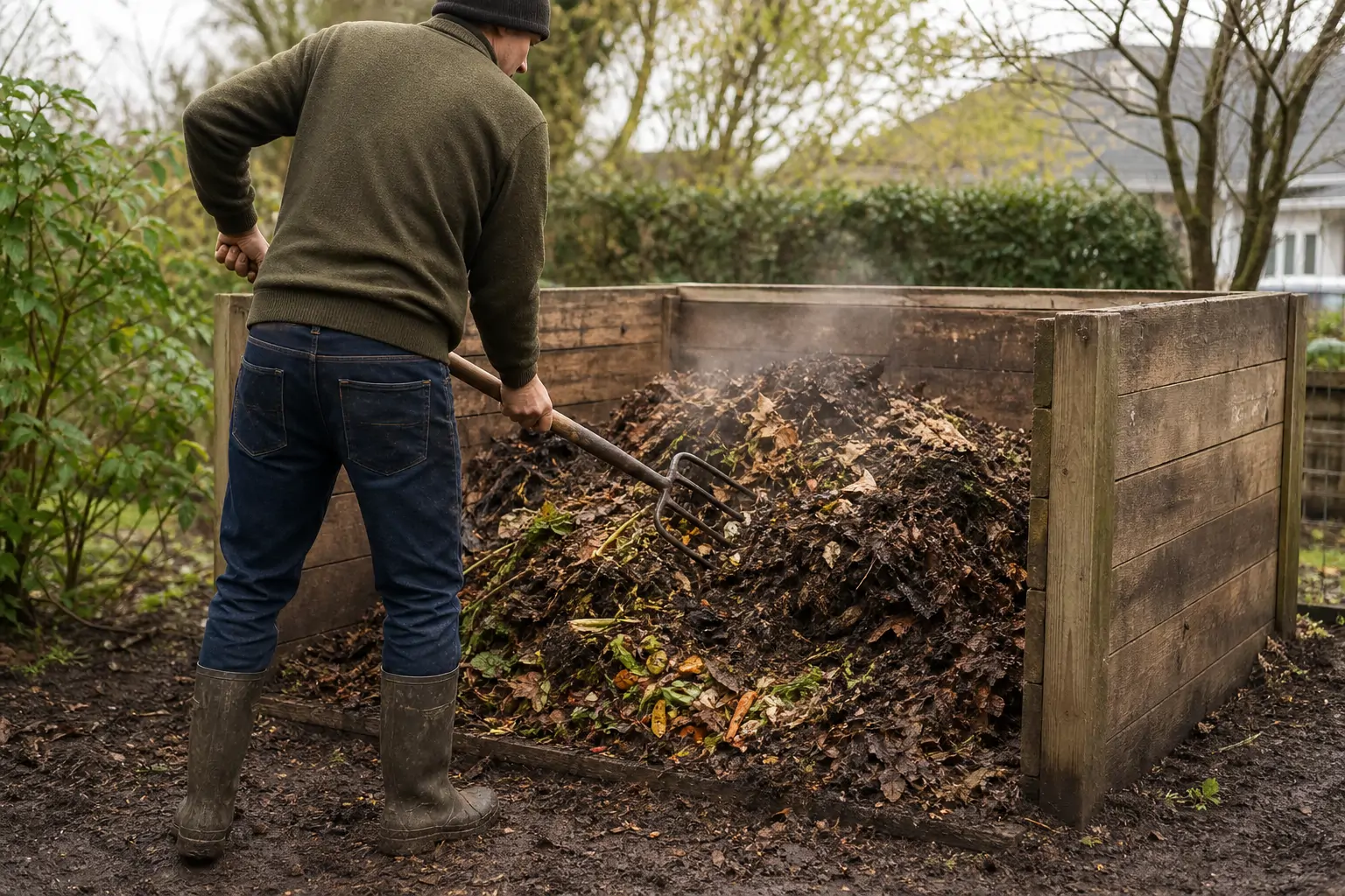 Gardener turning a backyard compost pile with a pitchfork to redistribute moisture and material.