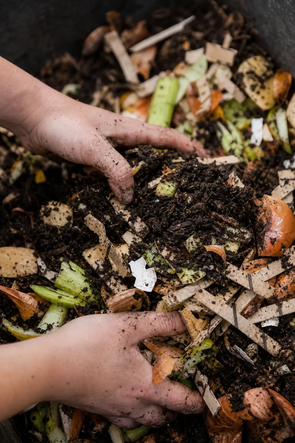 Close-up of chopped vegetable scraps and shredded cardboard being buried into an active compost pile.