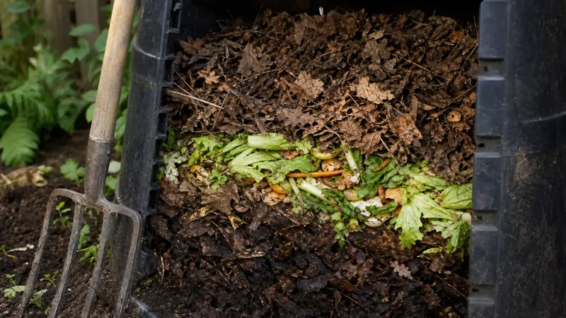 Gardener layering brown leaves and green kitchen scraps in an outdoor compost bin
