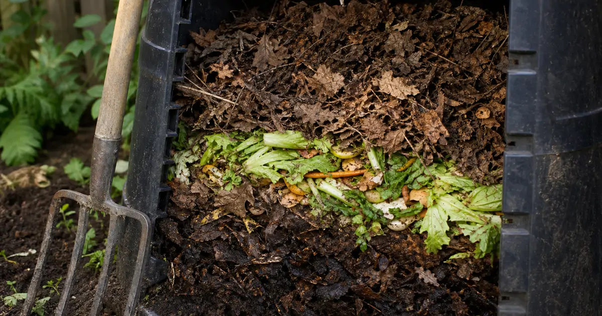 Gardener layering brown leaves and green kitchen scraps in an outdoor compost bin