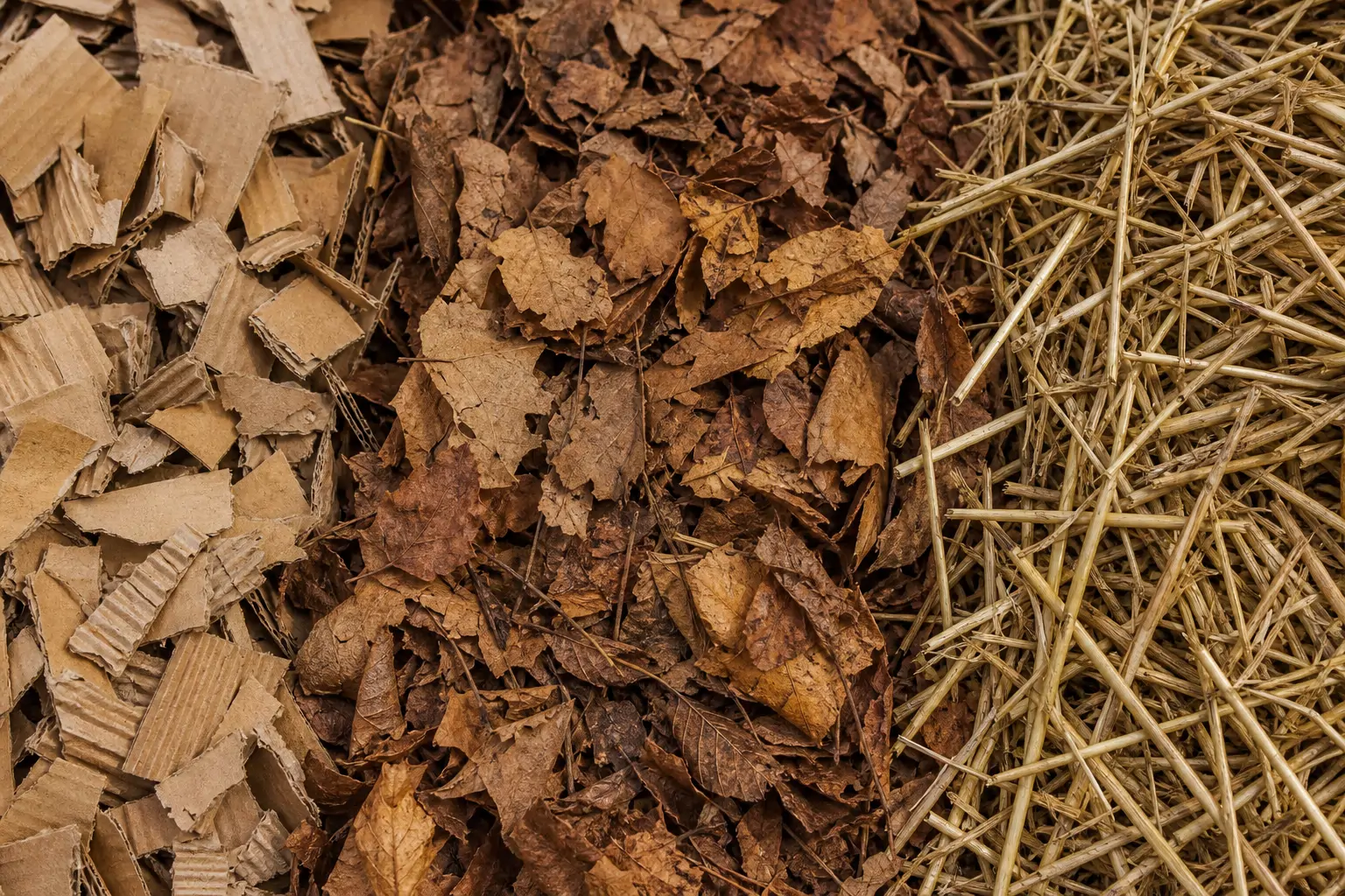 Pile of dry brown compost materials including cardboard, straw, and fallen leaves