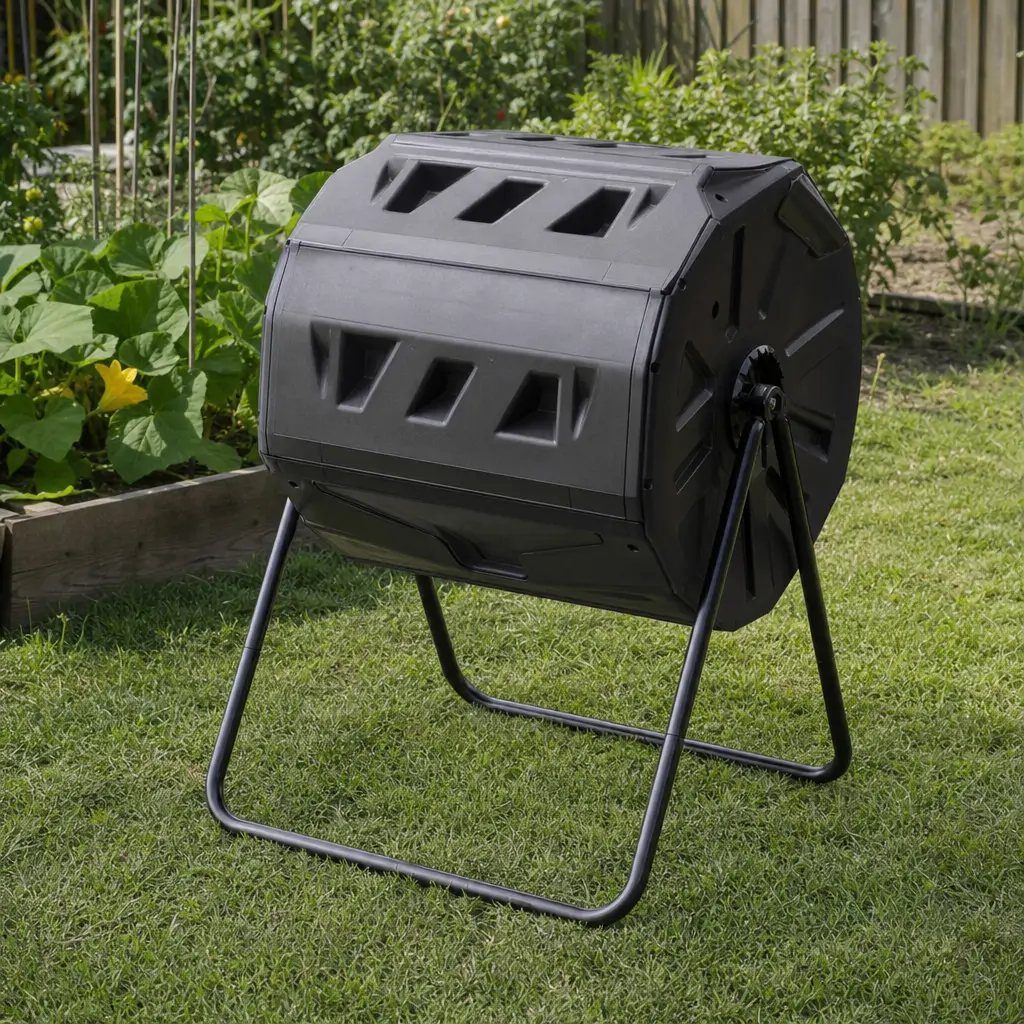 Rotating compost tumbler bin sitting in a backyard garden on a sunny day