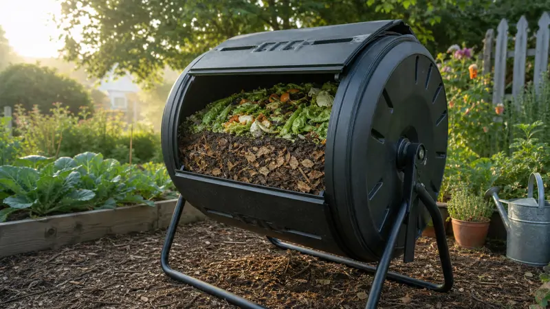 A backyard compost tumbler being rotated with visible layers of green and brown material inside
