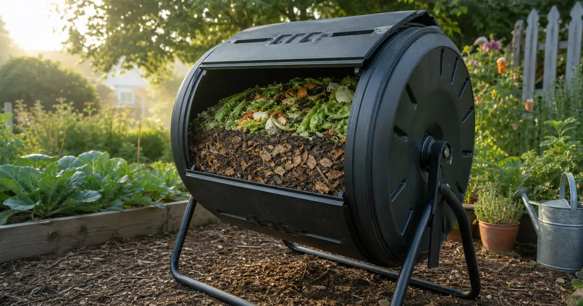 A backyard compost tumbler being rotated with visible layers of green and brown material inside