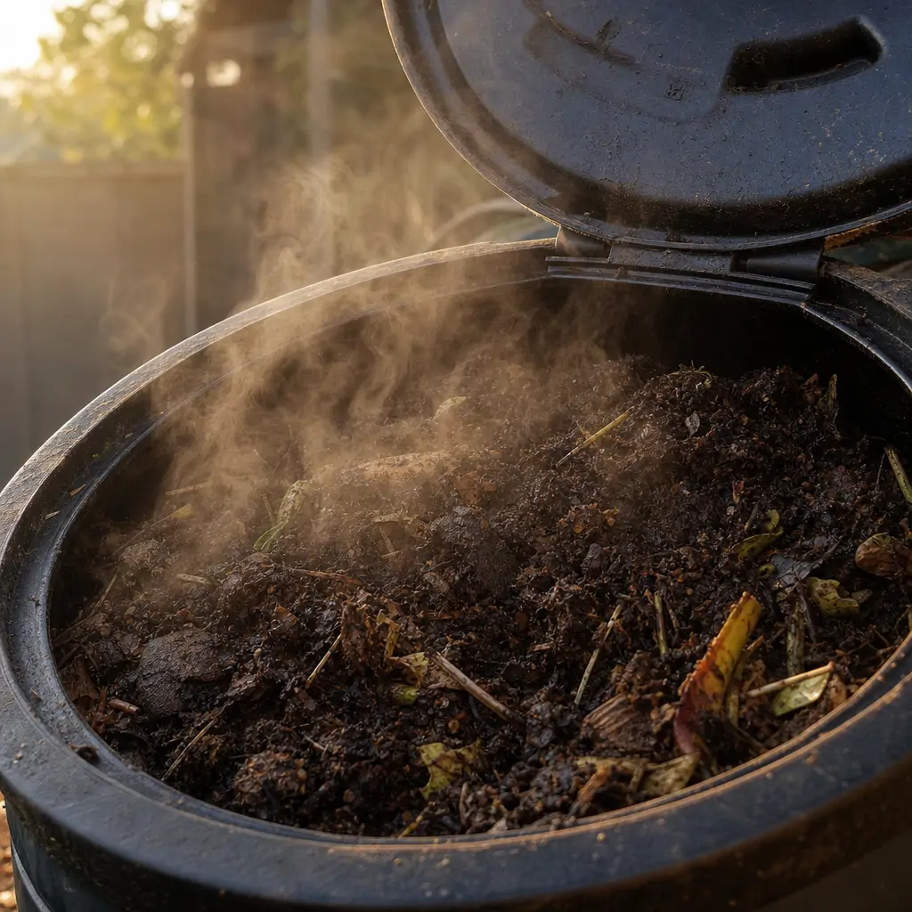 Steam rising from freshly rotated compost inside an open tumbler drum showing active heat