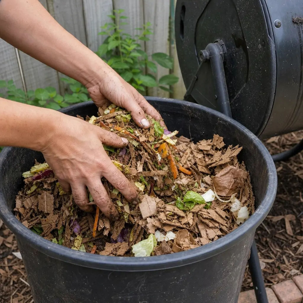 Gardener pre-mixing chopped vegetable scraps with shredded brown cardboard in a bucket before loading a tumbler