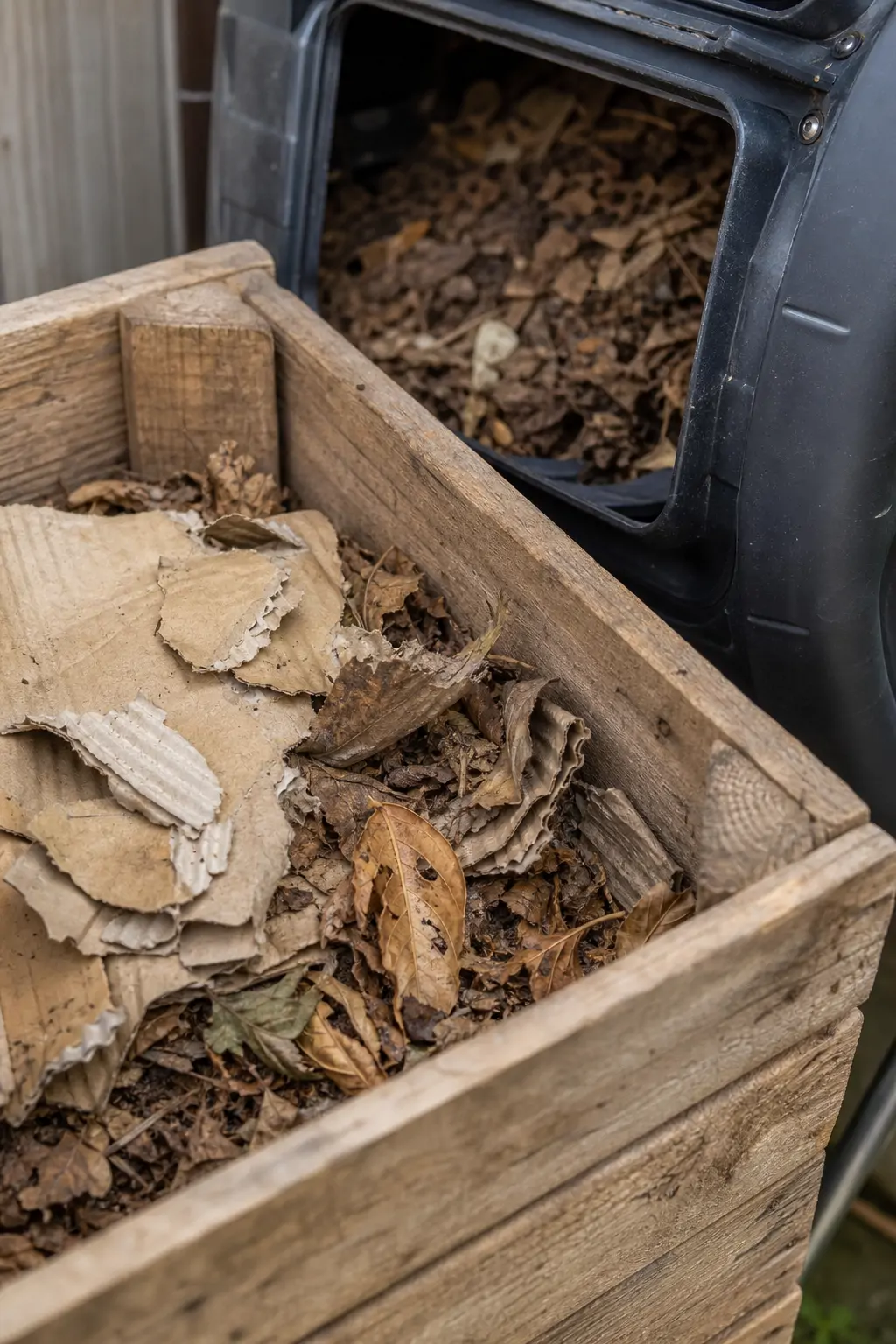 Close-up of dry, torn cardboard pieces and dried leaves ready to balance a wet compost tumbler batch