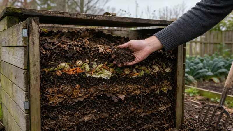 Gardener inspecting a backyard compost pile that appears stalled and needs troubleshooting