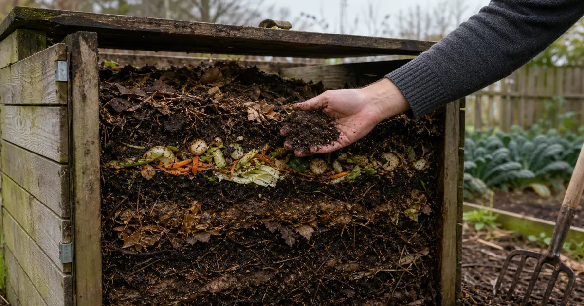 Gardener inspecting a backyard compost pile that appears stalled and needs troubleshooting