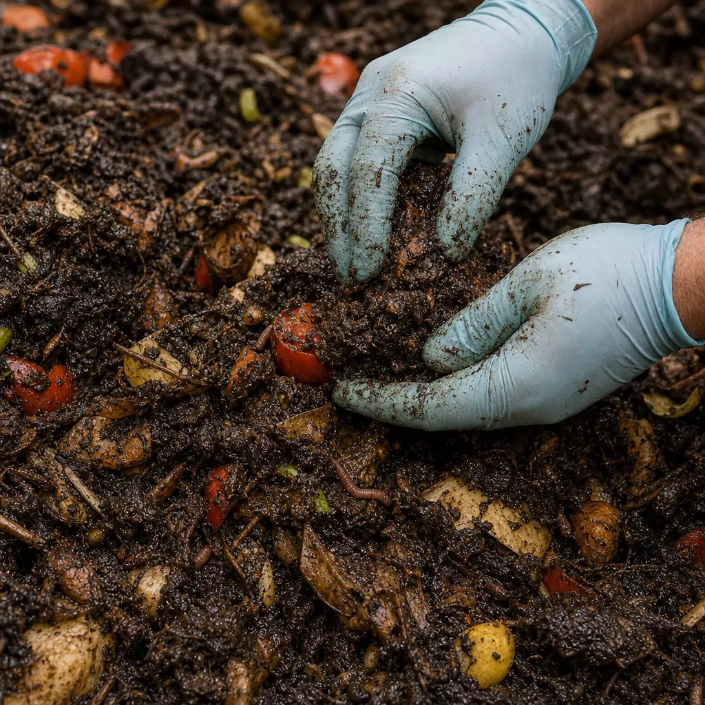 Close-up of a compost pile with visible sliminess indicating a strong ammonia-like odor problem