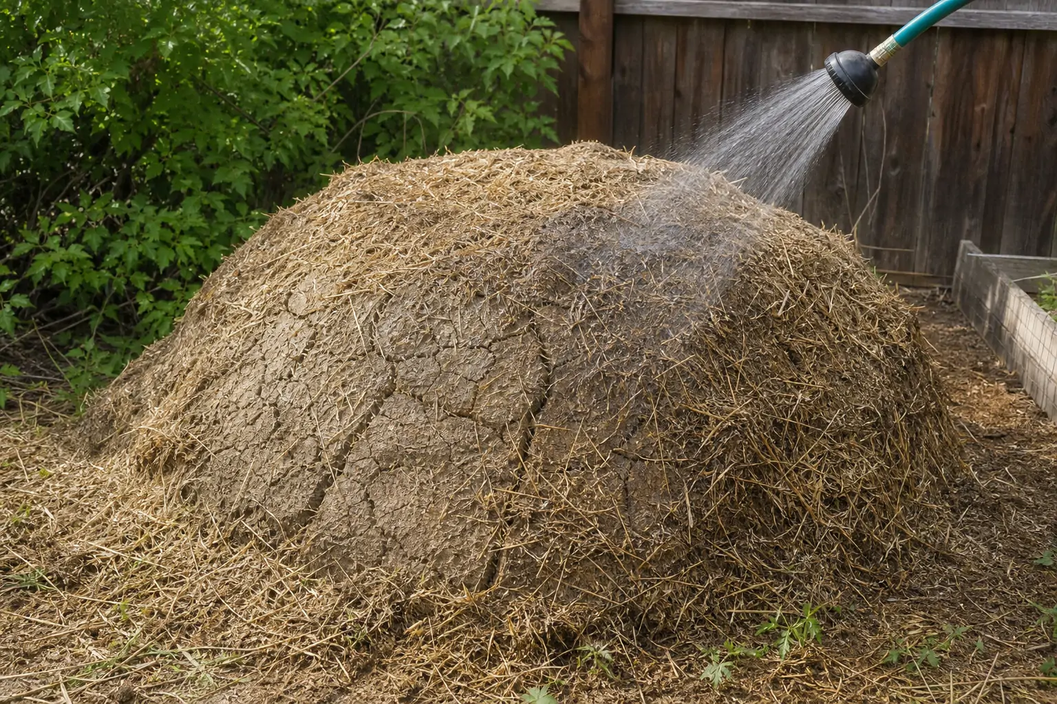 Dry, straw-like compost pile being watered with a garden hose to restore proper moisture