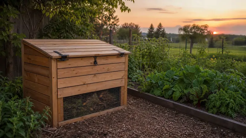 A backyard compost bin with a secure lid sitting on a patch of soil near a garden fence