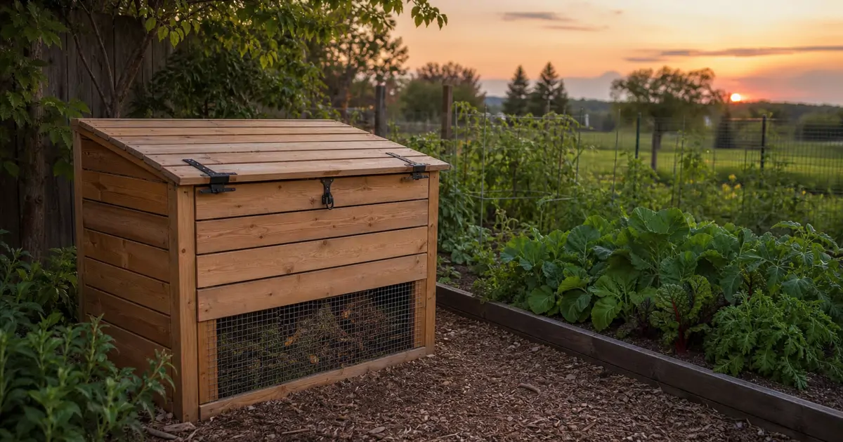 A backyard compost bin with a secure lid sitting on a patch of soil near a garden fence