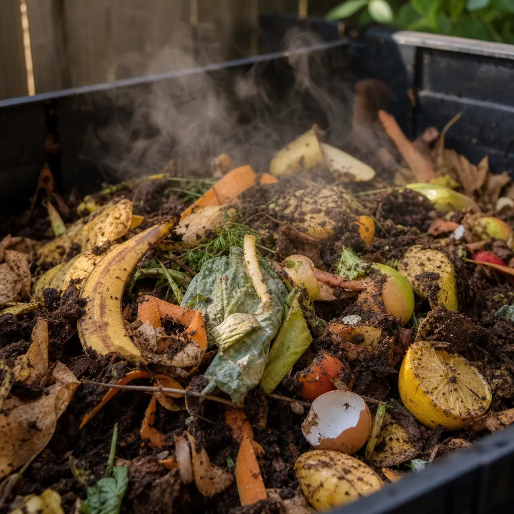 Close-up of a compost pile surface showing exposed food scraps that could attract rodents