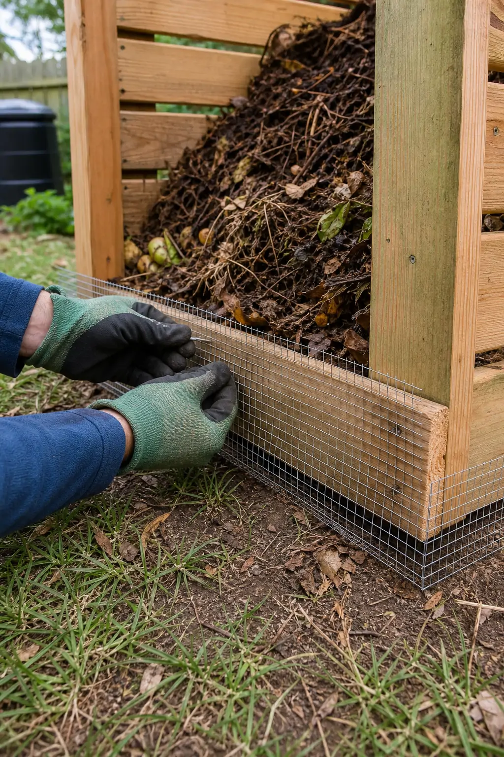 Wire mesh hardware cloth being installed around the base of a wooden compost bin
