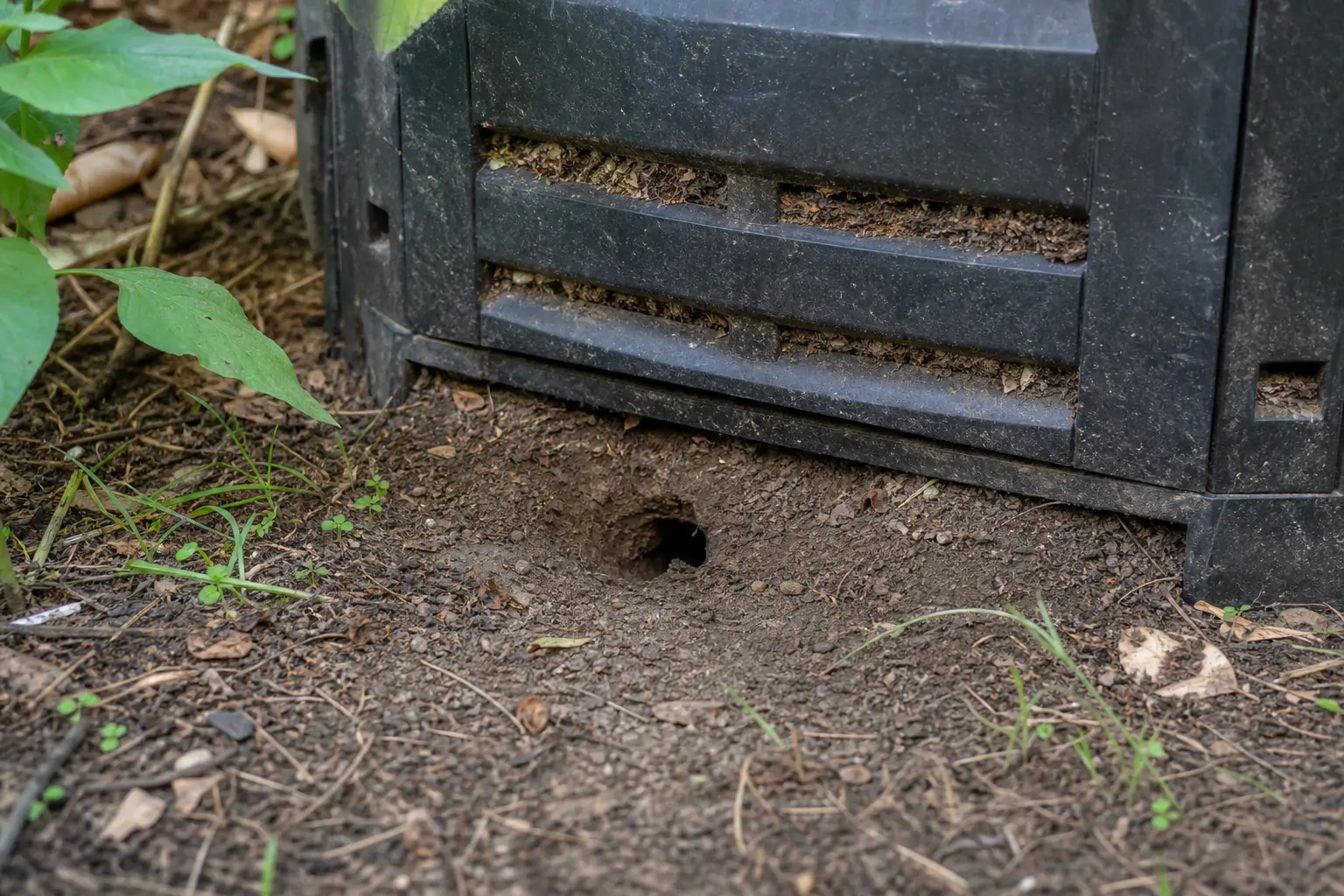 Small burrow tunnel visible near the base of an outdoor compost bin in soil