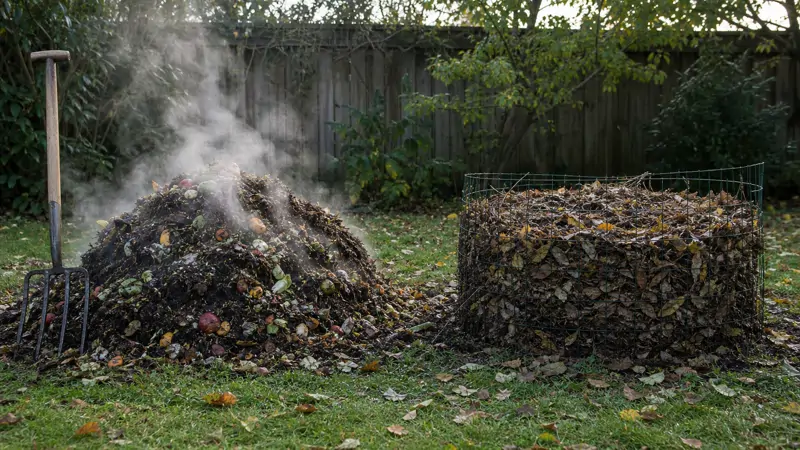 Side by side backyard compost bins showing an actively steaming hot compost pile and a quiet, undisturbed cold compost pile