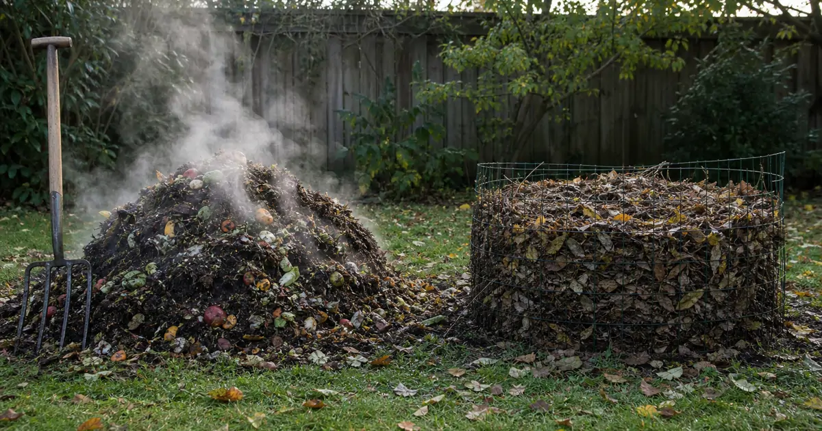 Side by side backyard compost bins showing an actively steaming hot compost pile and a quiet, undisturbed cold compost pile