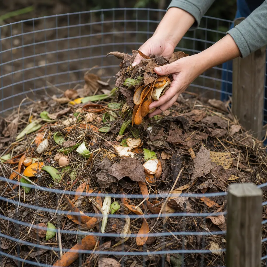 Close-up of a home gardener adding kitchen scraps to a simple open-air cold compost pile