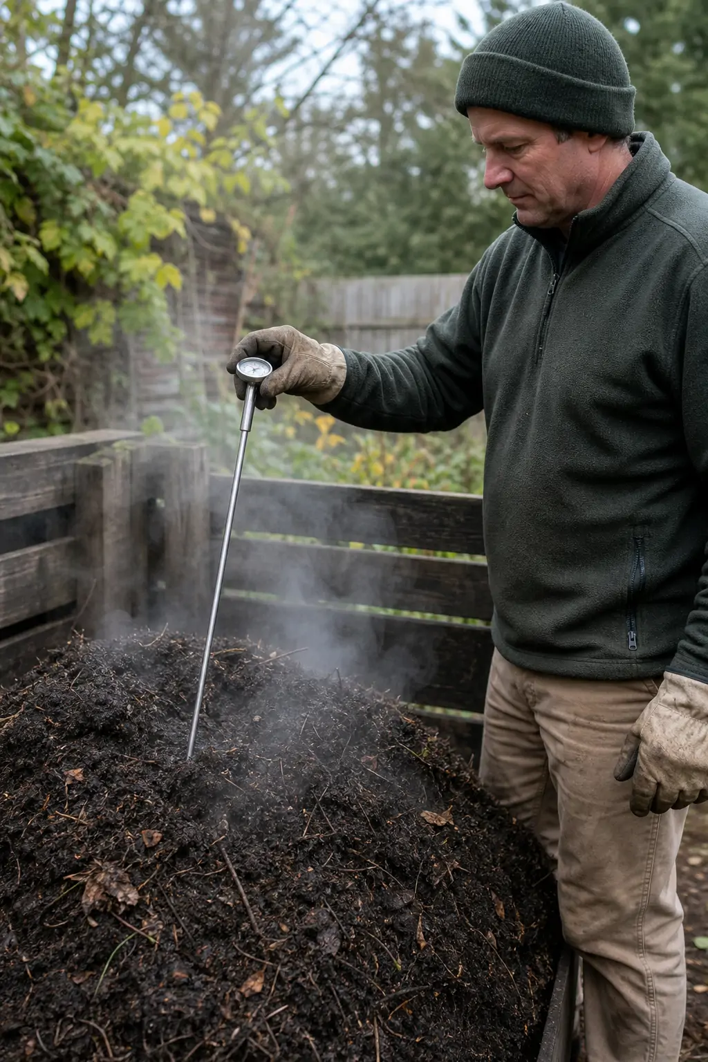 A gardener checking compost pile temperature with a probe thermometer inserted into steaming material