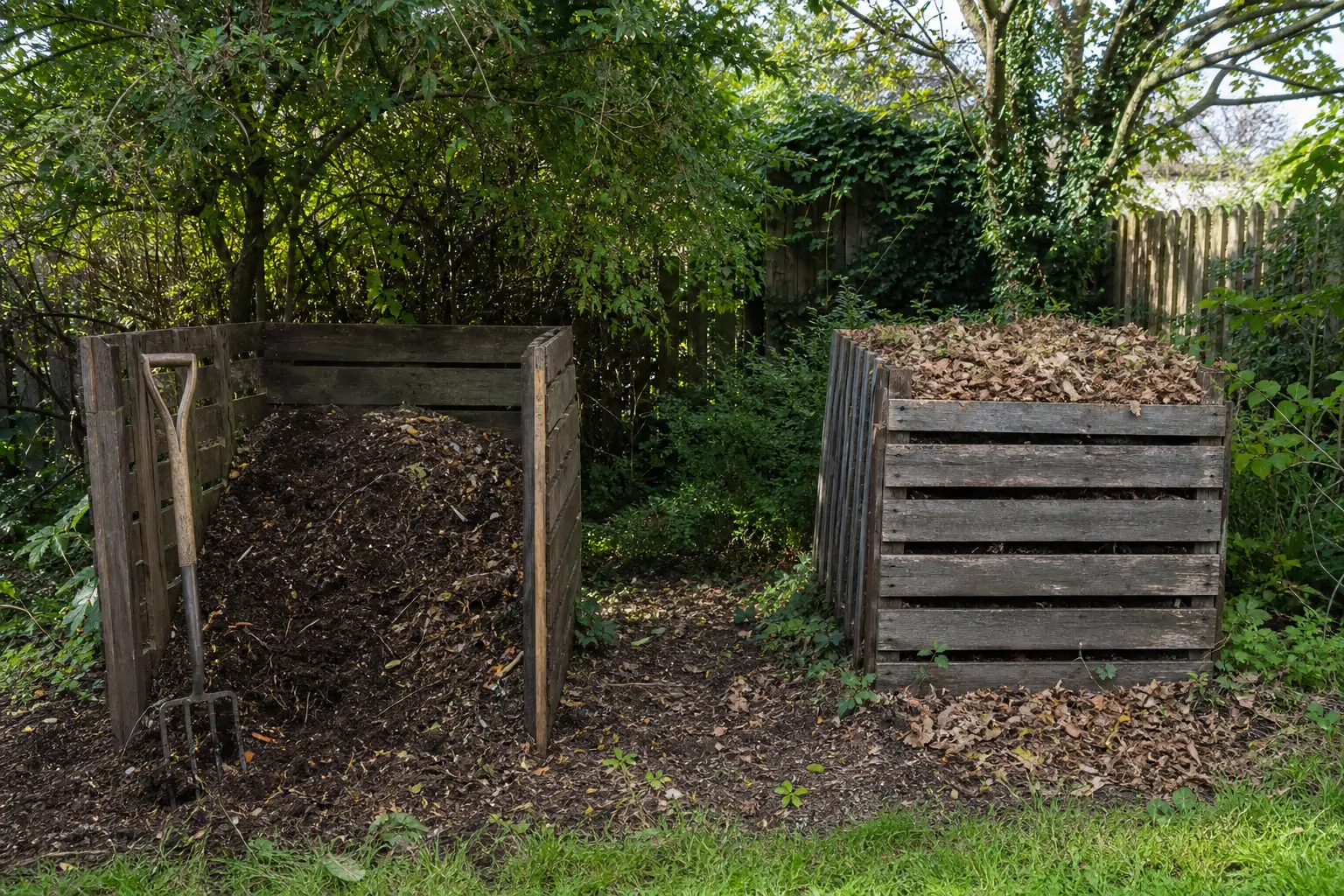 Two different compost bins in a backyard garden representing two composting approaches side by side