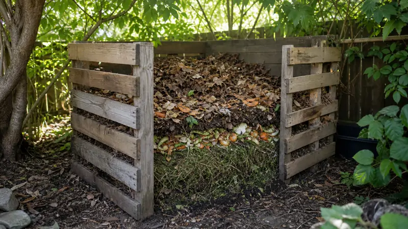 A backyard compost bin filled with layered leaves, food scraps, and garden waste breaking down slowly
