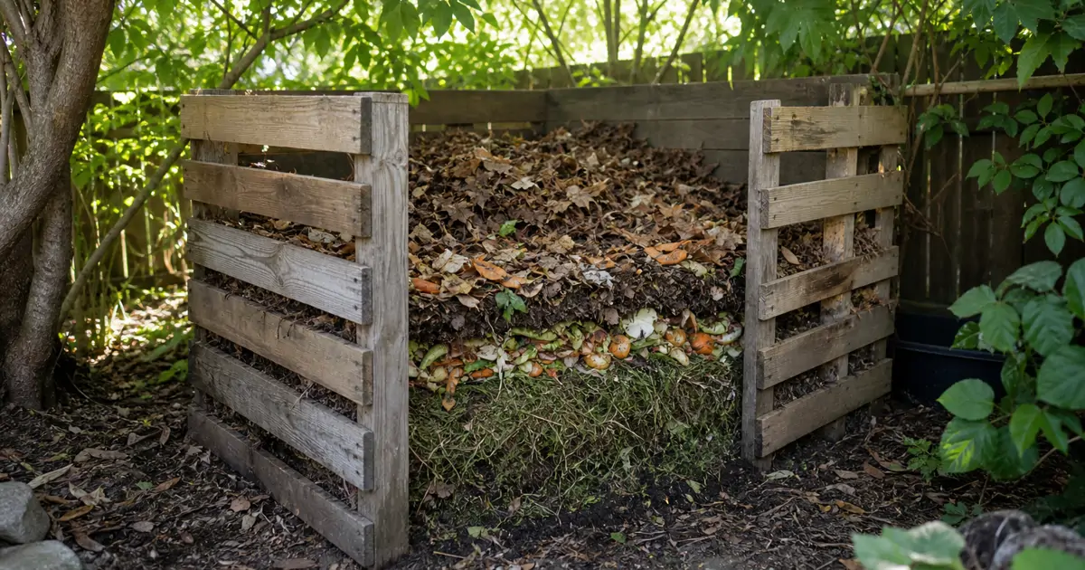 A backyard compost bin filled with layered leaves, food scraps, and garden waste breaking down slowly