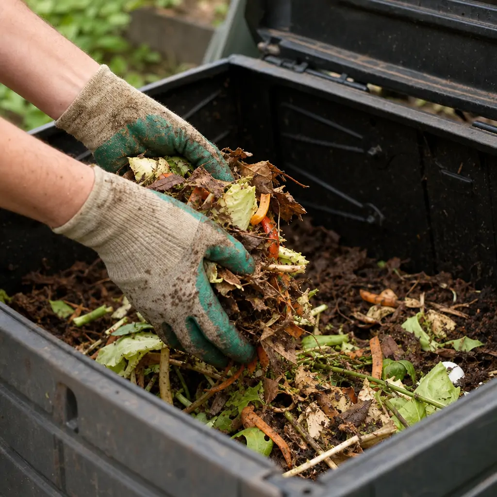 Close-up of chopped vegetable scraps and shredded leaves ready to be added to a compost pile