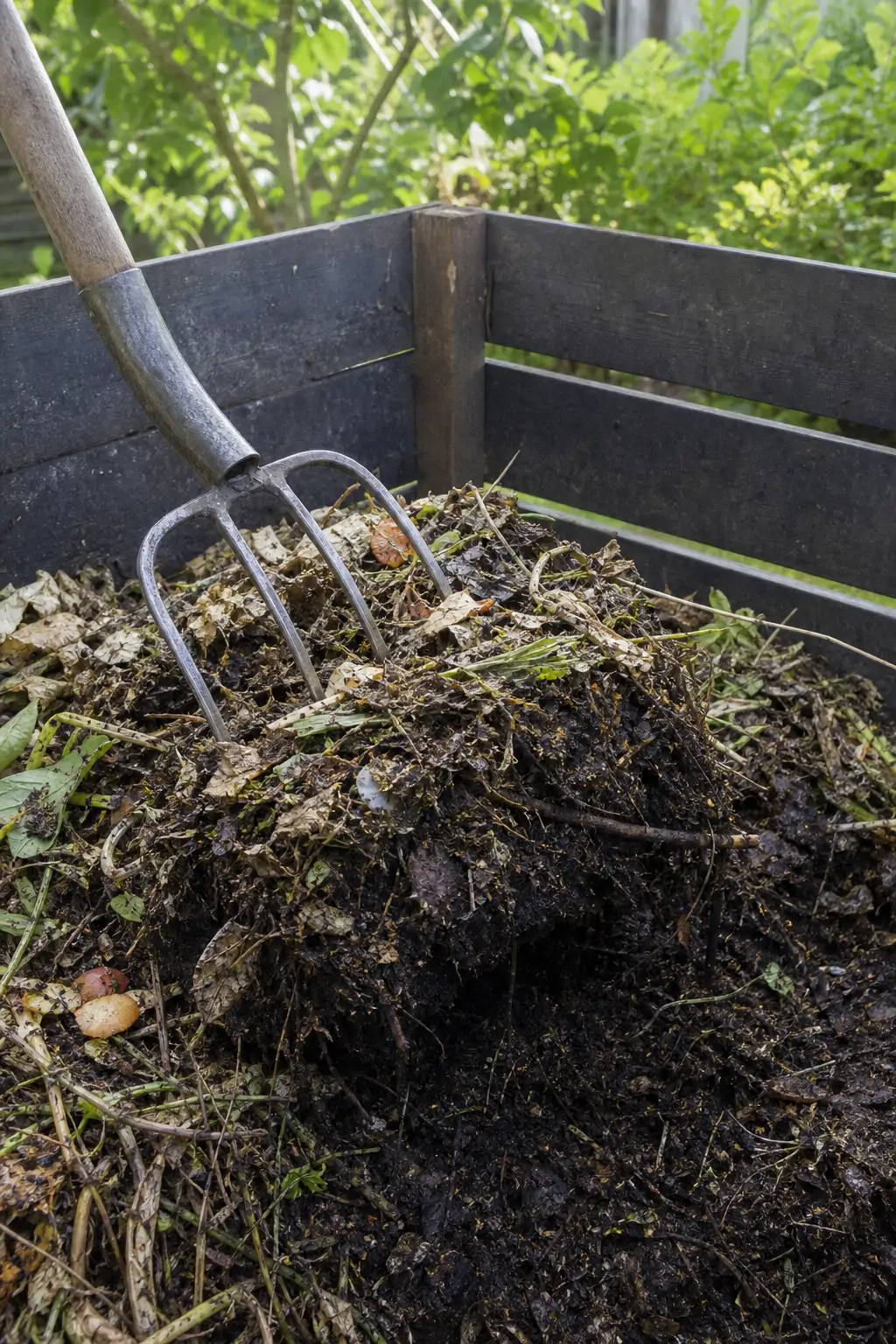 A garden fork partially turning a compost pile to reveal partly decomposed layers underneath
