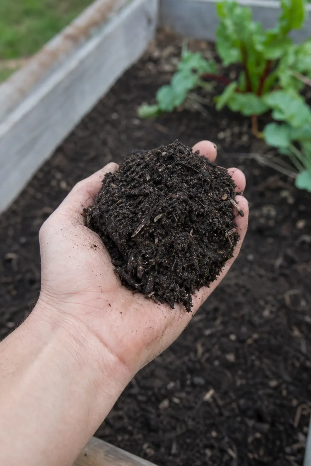 A handful of dark crumbly finished compost being held above a garden bed
