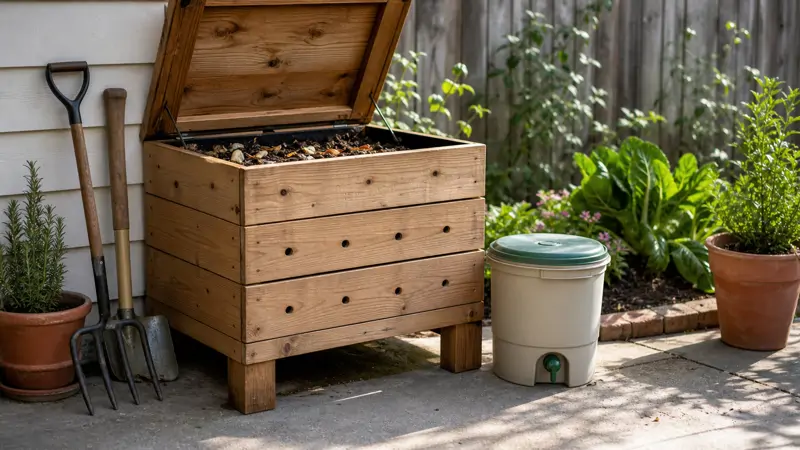 A backyard worm bin and a bokashi bucket sitting side by side on a patio