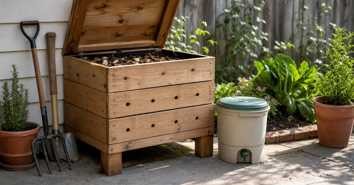 A backyard worm bin and a bokashi bucket sitting side by side on a patio