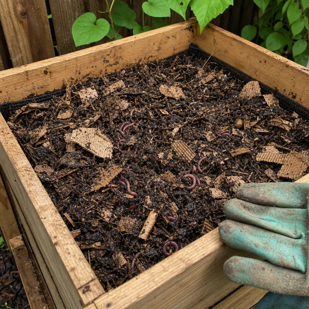 A wooden worm bin with bedding and a handful of red wigglers being added