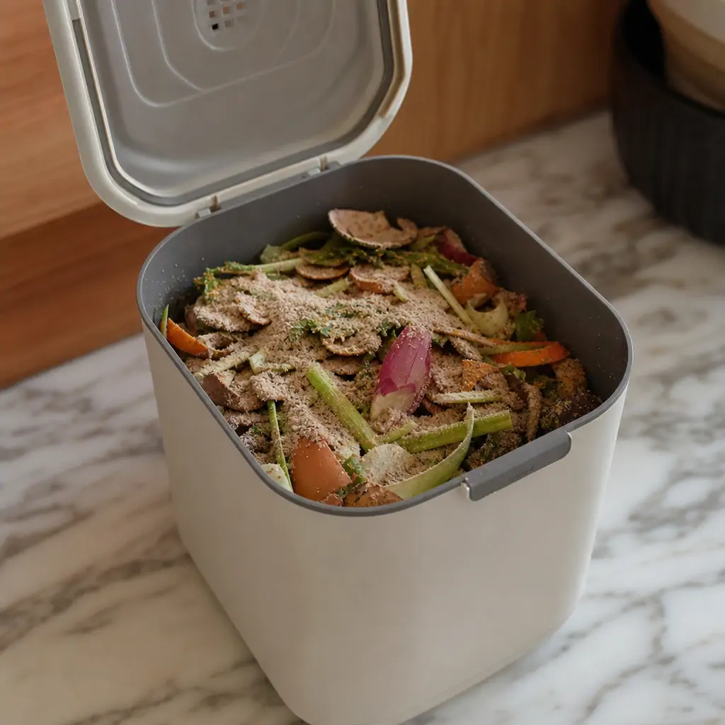 A sealed bokashi bucket with a layer of bran sprinkled over food scraps inside