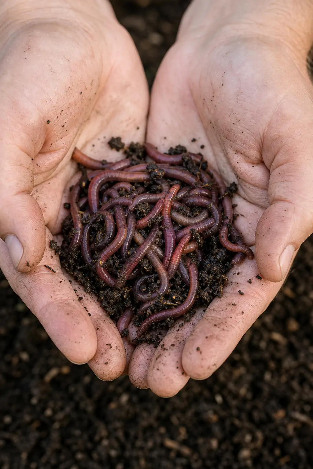 A cluster of red wiggler composting worms held in cupped hands over soil