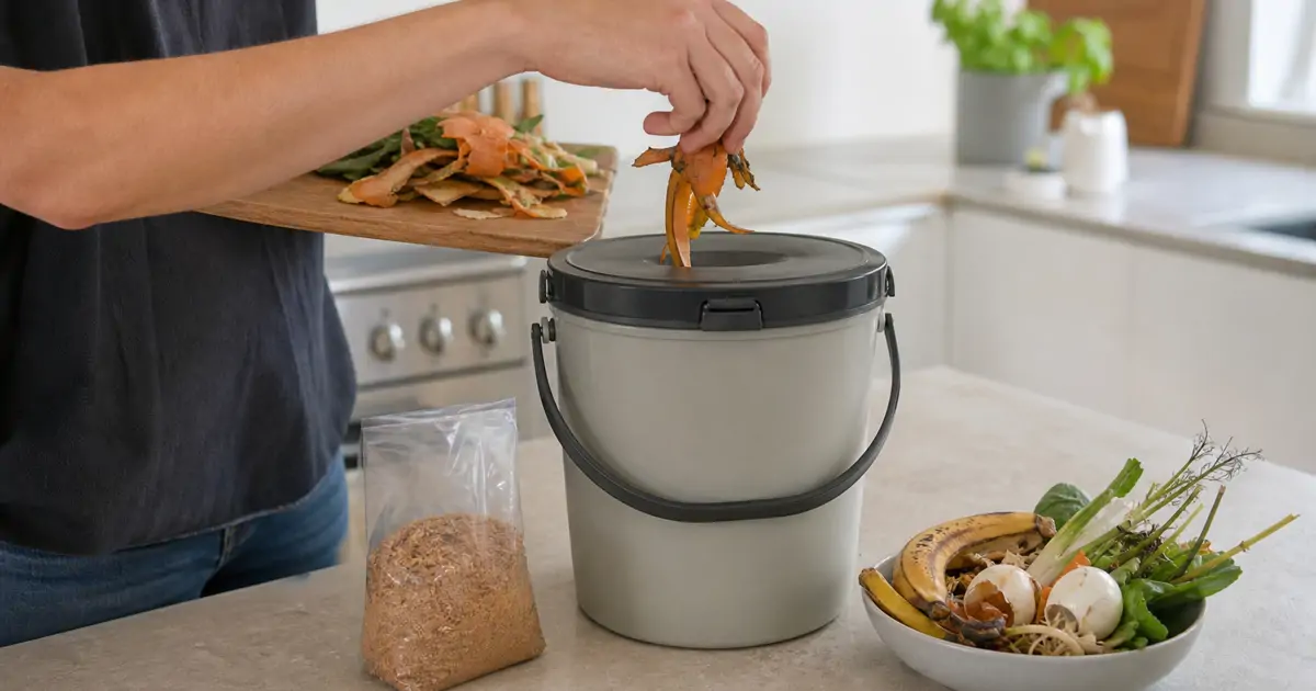 A person adding kitchen scraps and bokashi bran into a sealed bokashi composting bucket in a kitchen