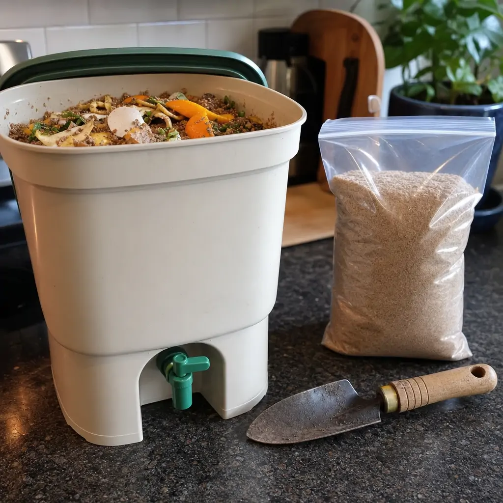 Bokashi bucket setup showing spigot, bran bag, and hand fork arranged on a counter