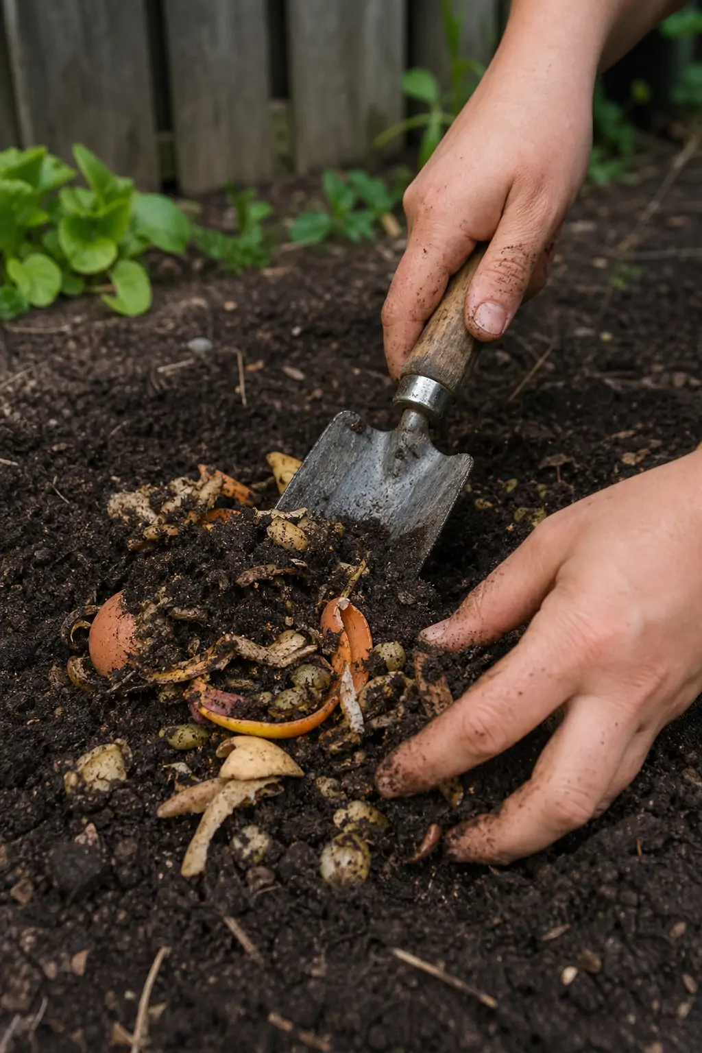 Hands burying fermented bokashi food scraps into garden soil with a small trowel