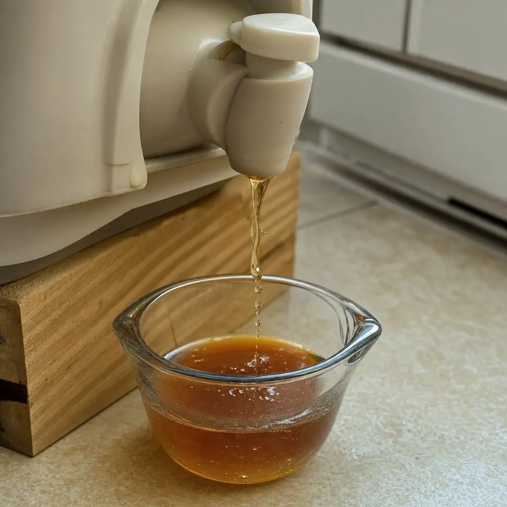 Liquid being drained from a bokashi bucket spigot into a small measuring cup